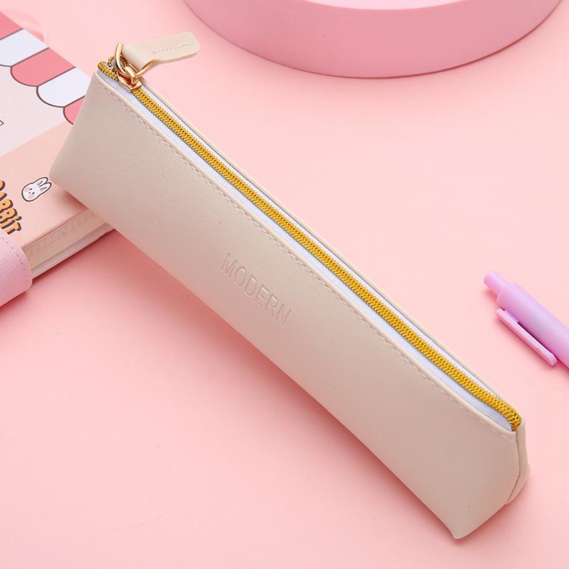PU Leather Solid Color Pencil Case - School Supplies Stationery Bag