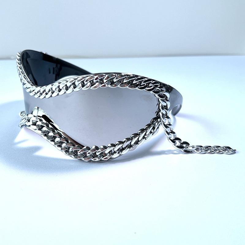 

Трендовые солнцезащитные очки с большой оправой для женщин, украшение металлической цепочкой для вечеринок, Y2K бесшовные цельные солнцезащитные очки для мужчин серебряный серый