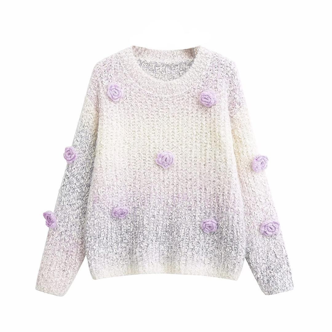 

Зимний женский модный пуловер в европейском и американском стиле с 3D цветочным декором, длинным рукавом, универсальным и простым дизайном One Size светло-фиолетовый