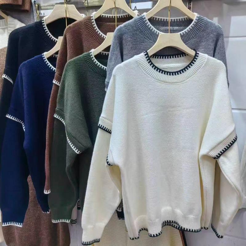 Lazy wind contrasting color crew neck pullover women's autumn and winter new loose large size knitted sweater