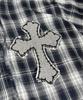 SK8ER ROCK Cross Cut-Off Tartan Check Hoodie Shirt ((Marine))