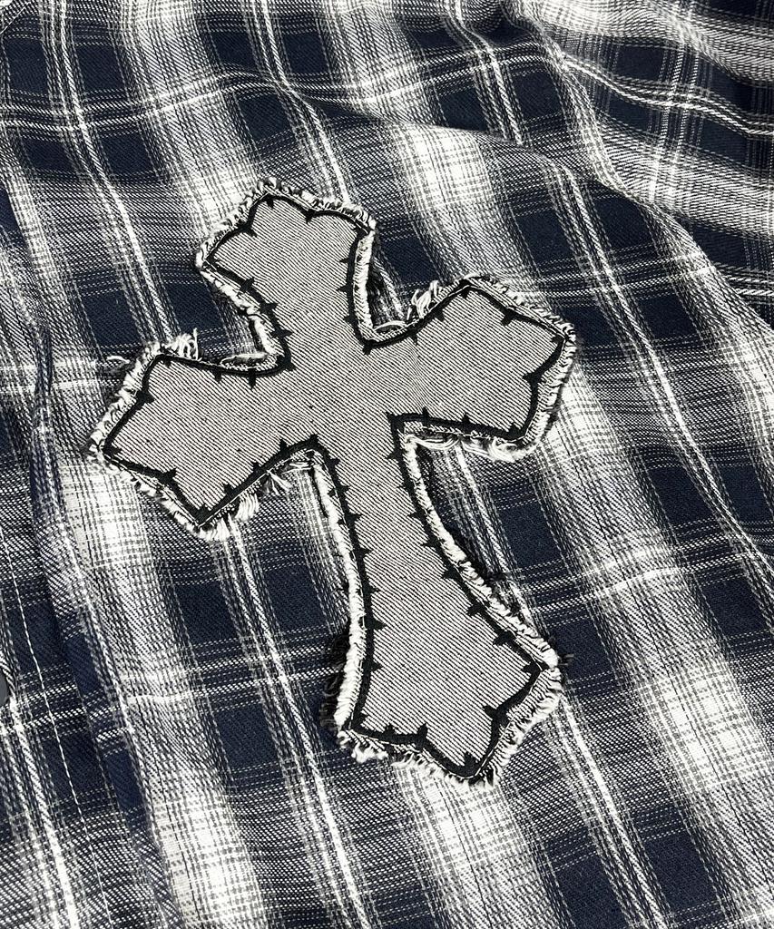 SK8ER ROCK Cross Cut-Off Tartan Check Hoodie Shirt ((Marine))