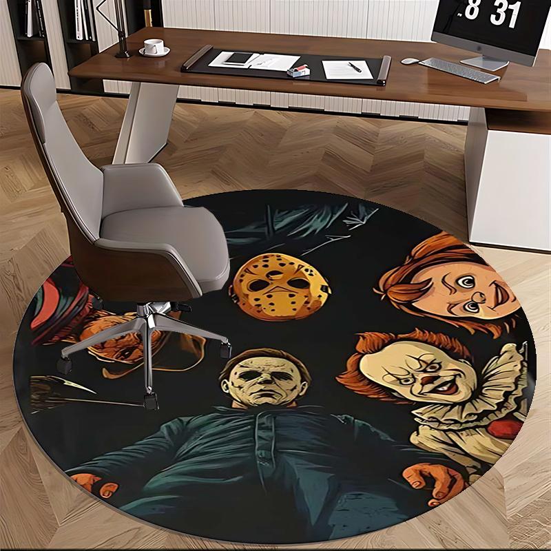 Halloween Horror Icons,Movie Monsters Chair Mat Round Rug Office Carpet, Machine Washable, Non Slip, Suitable for Living Rooms, Bedrooms