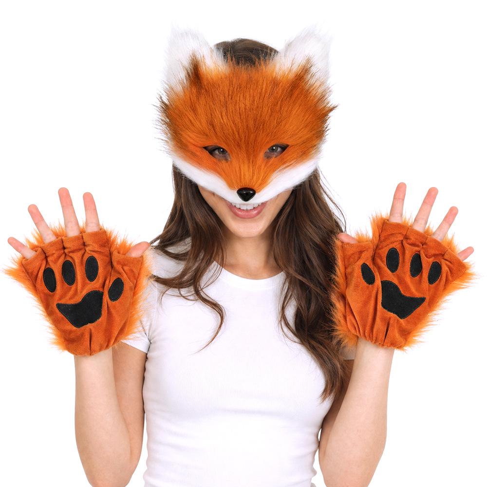 Faux Fur Cat Fox Mask Tail Paw Gloves Set Therian Costume Kit for Women Girls Adult Halloween Cosplay Masquerade Party
