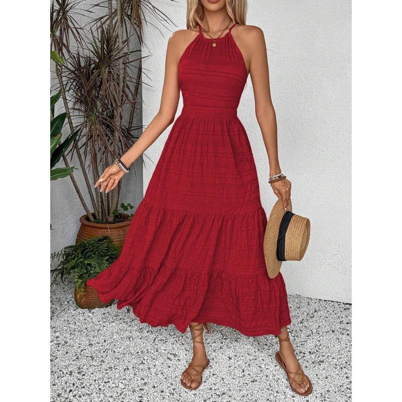 Women S Vintage Red Halter Neck Dress Summer High Waist Backless Long Dress S красный