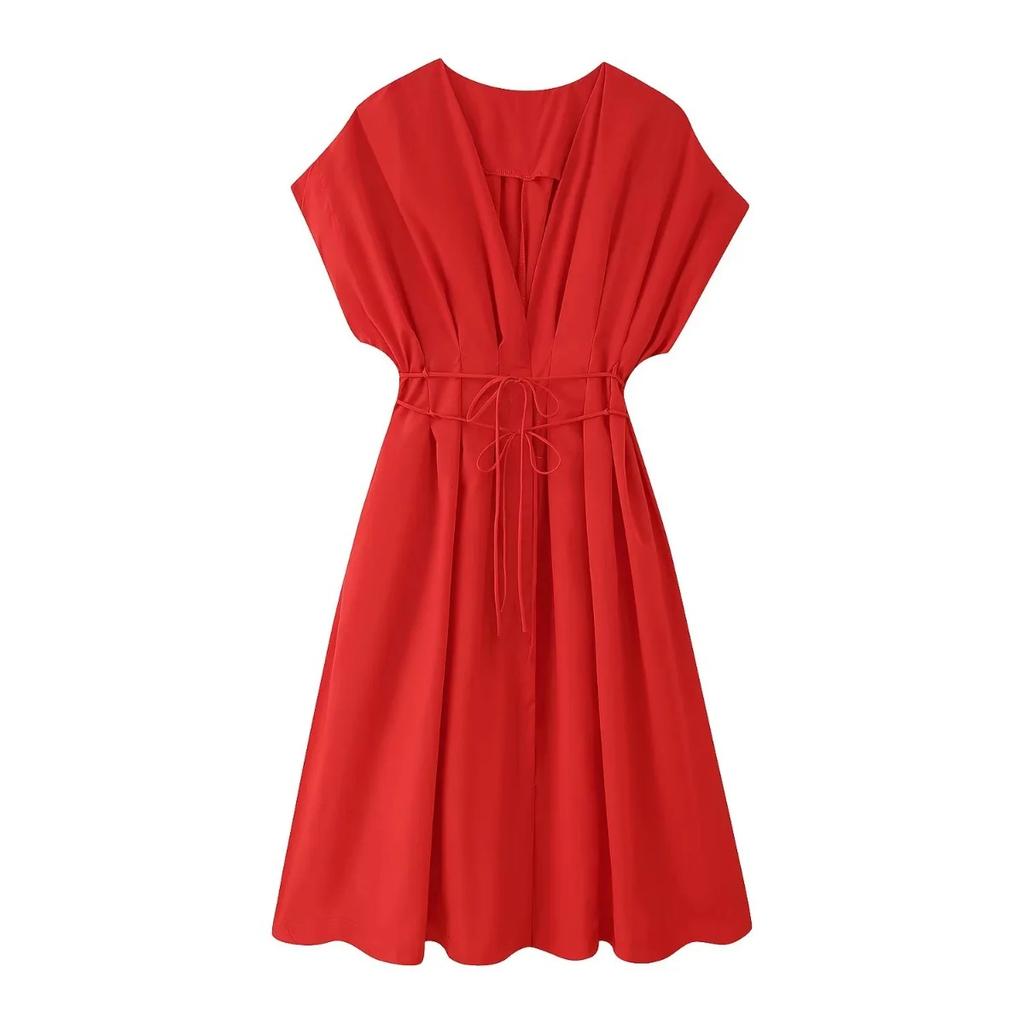 Vintage Women Dresses Fashion Single Breasted Sashes Draped V Neck Sleeveless Solid Ladies Dresses