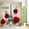 Butterfly Watercolor Floral Shower Curtain Romantic Paris Eiffel Tower Red Rose Flowers Plant Leaves Bathroom Decor with Hooks