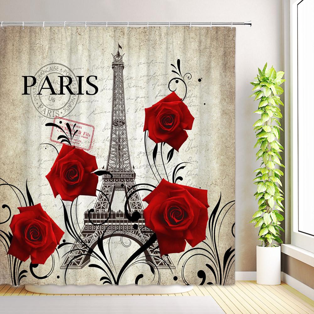 Butterfly Watercolor Floral Shower Curtain Romantic Paris Eiffel Tower Red Rose Flowers Plant Leaves Bathroom Decor with Hooks