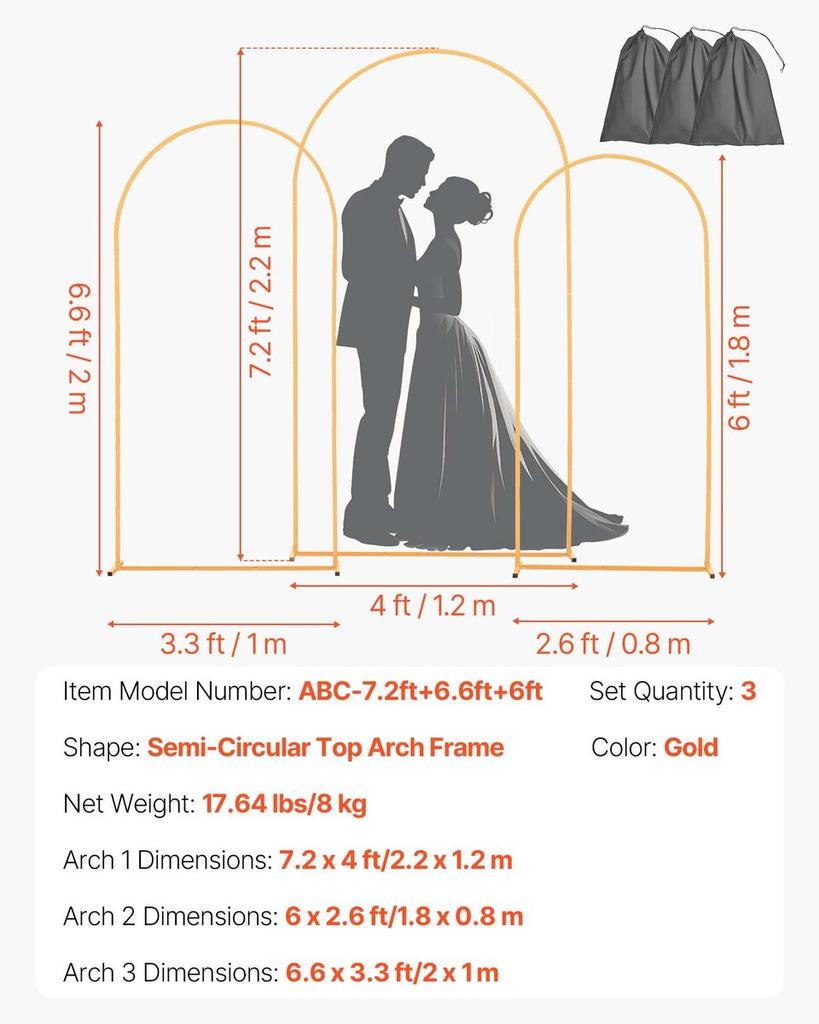 Arch Backdrop Stand, Set of 3, 2.2/2/1.8 m , Stable Structure, Easy Assembly, Gold Metal Arch Backdrop Stand for Wedding, Birthday Party, Graduation,
