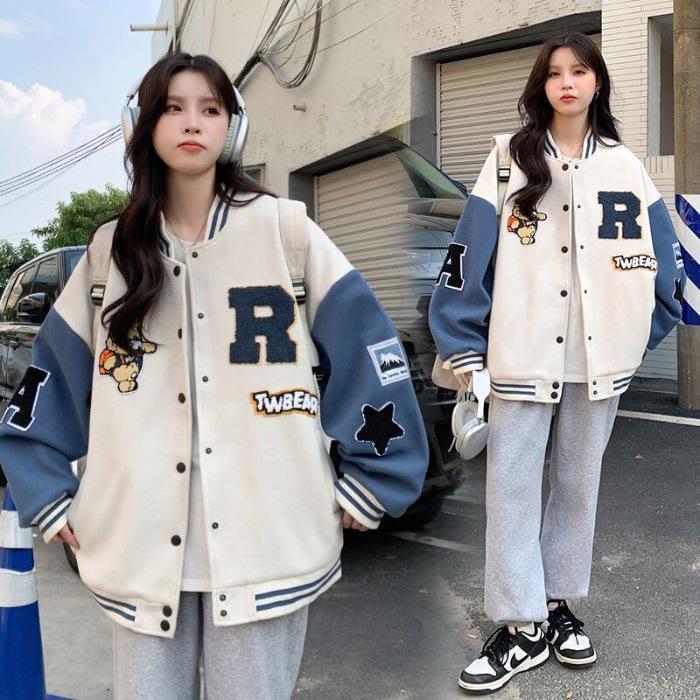 

Women s Retro Baseball Jacket with Heat Transfer Print and Velvet Lining - Autumn/Winter Versatile Hoodie with Double Screw Collar. XL белый