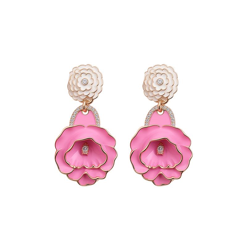 Silver Needle Rhinestone Inlaid Metal Glaze Flower Earring – Exaggerated Holiday Style for Women