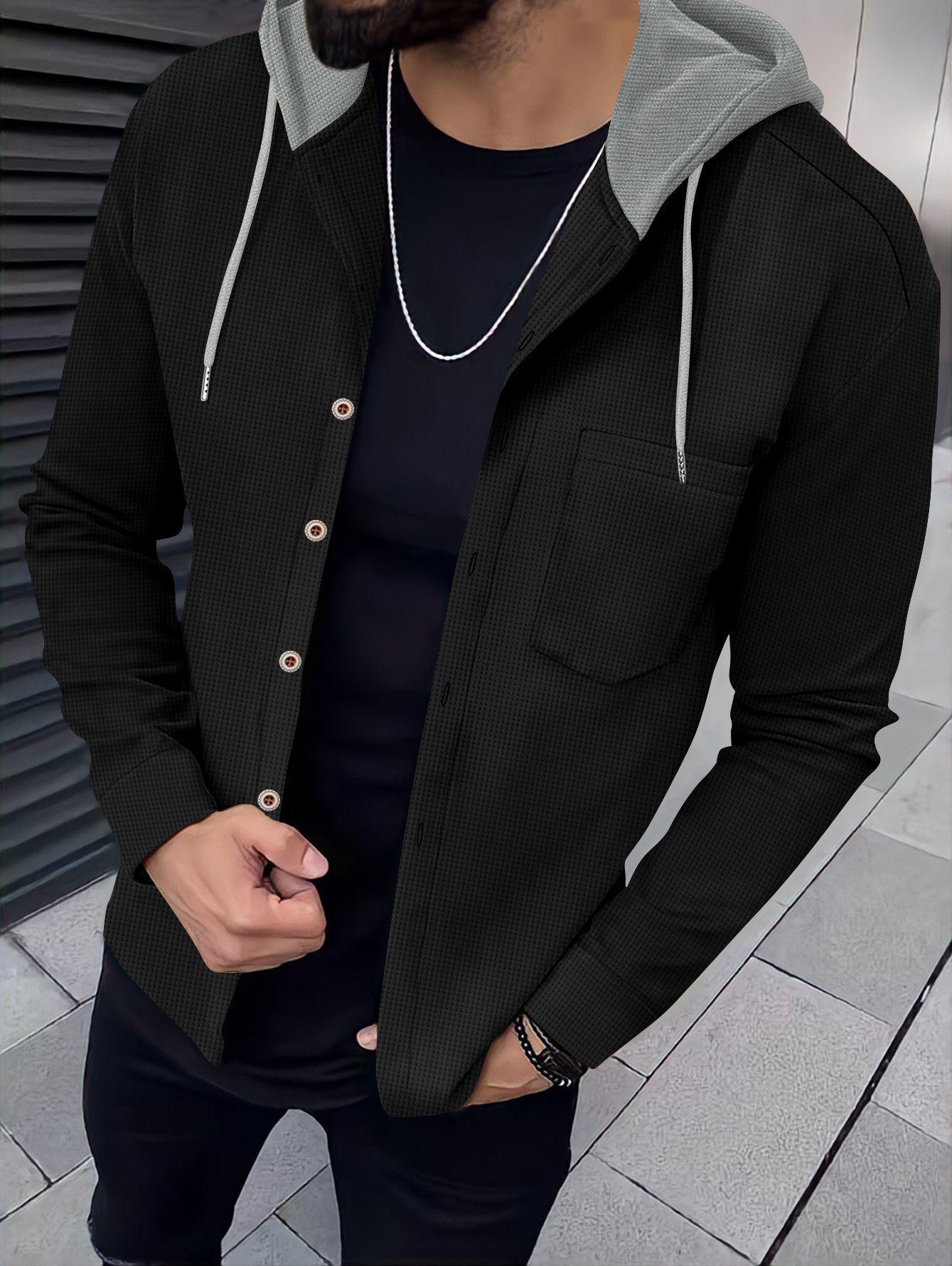 2025 Herren Herbst Waffelstrick Kapuzen Einzelreiher Lässige Strickjacke Jacke XXXL schwarz