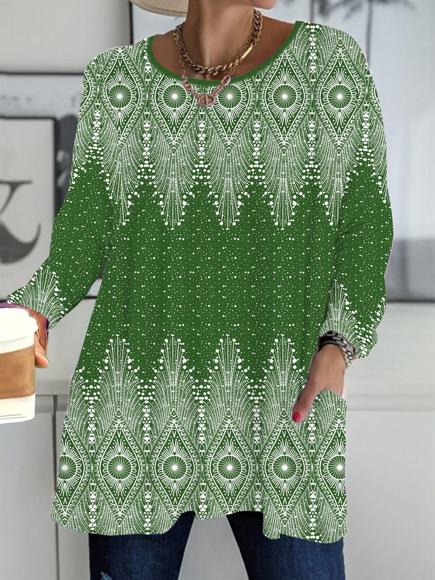 

2025 Осень Зима Новые Женские Топы Большого Размера, Винтажный Узор 3D Принт Модные Футболки с Круглым Вырезом и Длинным Рукавом 6XL зелёный
