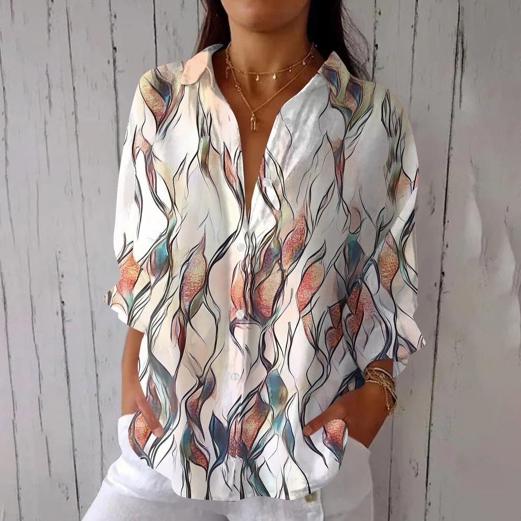 Women's Fashion 3/4 Sleeve Casual Lapel Back Tie- Floral Print T-Shirt Top