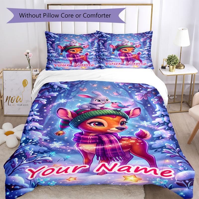 3PC Custom Name Winter Forest Friends Bedding Set Duvet Cover Closure Includes 1 Duvet Cover & 2 Pillowcases for Bedroom