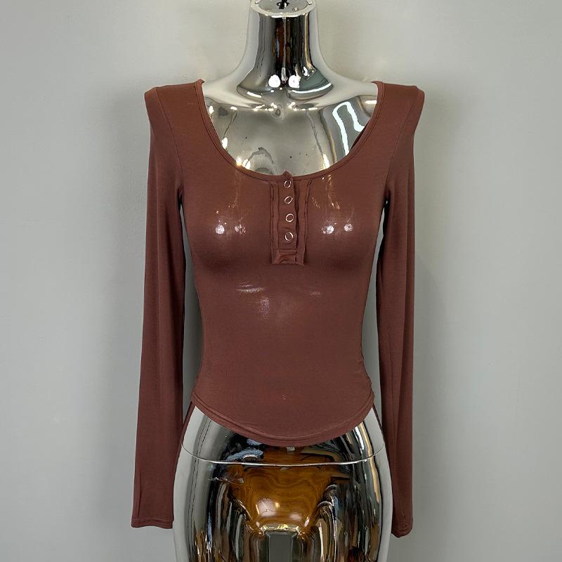 

Korean Dongdaemun Sexy Sheer U-Neck Bust-Enhancing Tight-Fit T-Shirt Top One Size коричневий
