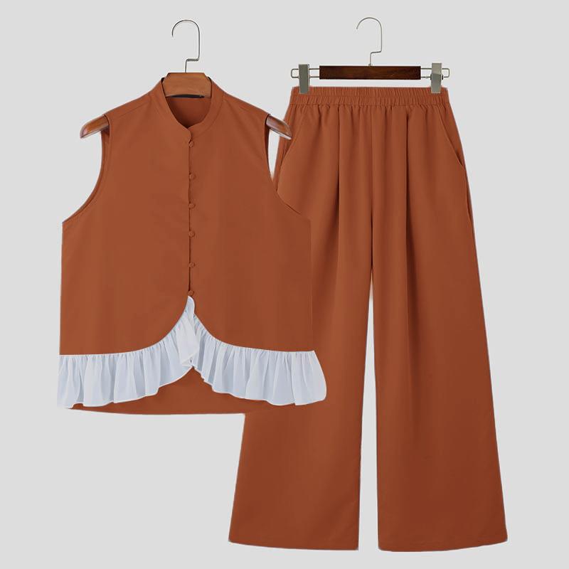 INCERUN Herre Todelt Volangkant Søm Vest og Bukser Casual Dress Buksesett