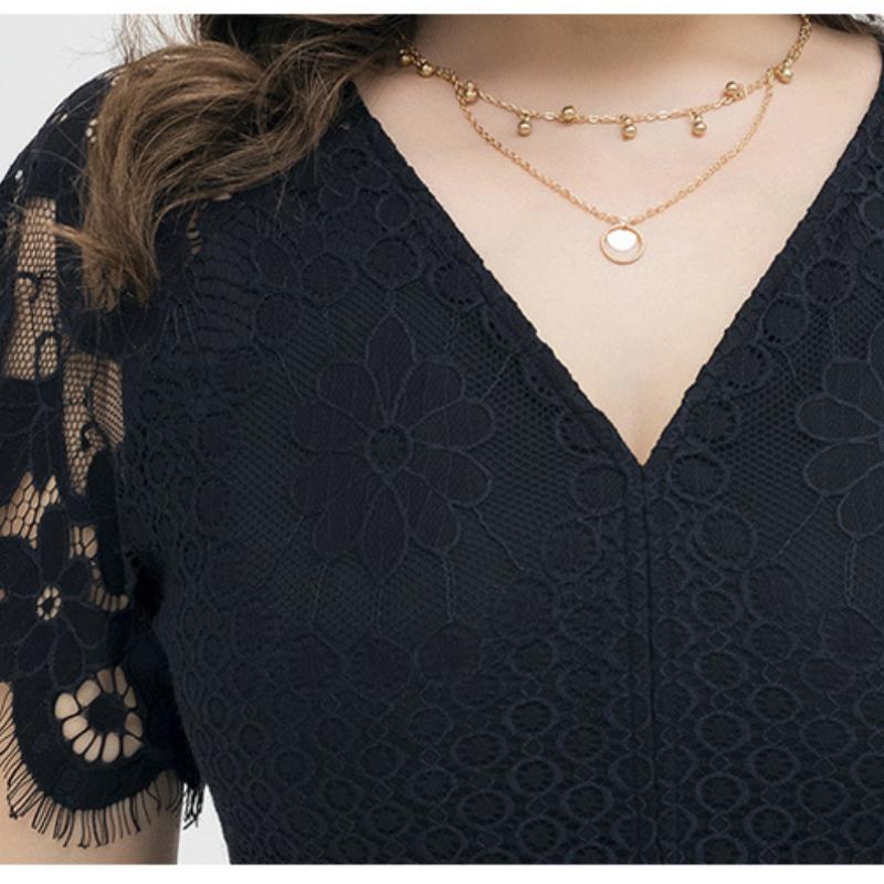 Nadměrná velikost Nová móda Letní černé šaty Dámské Sexy krajkové společenské šaty s výstřihem do V Elegantní šaty s krátkým rukávem Dámské