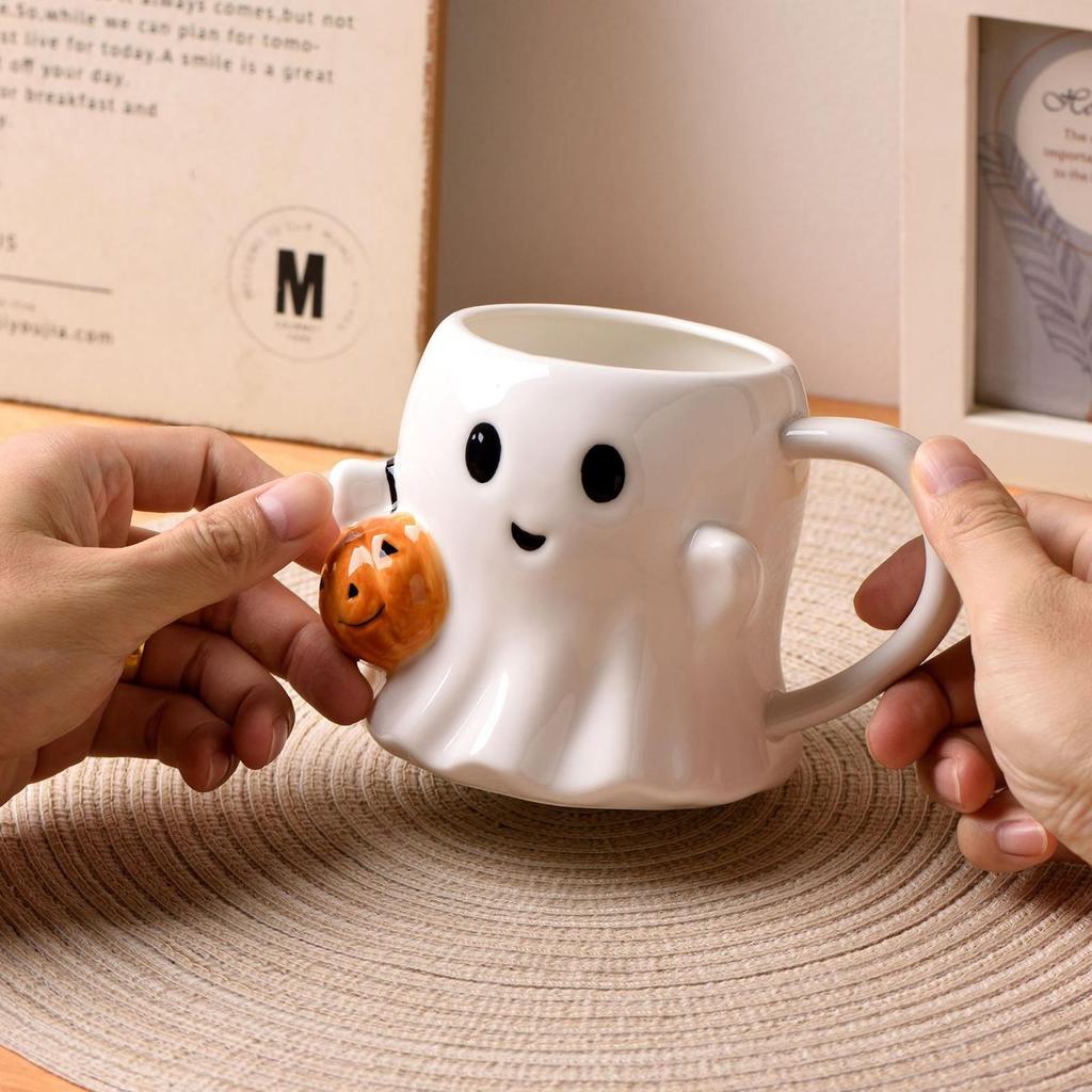 600ML Halloween Coffee Cups Creative Funny Ghost Ceramic Mugs Home Office Drinking Cup for Kids Adults Halloween Birthday Gifts