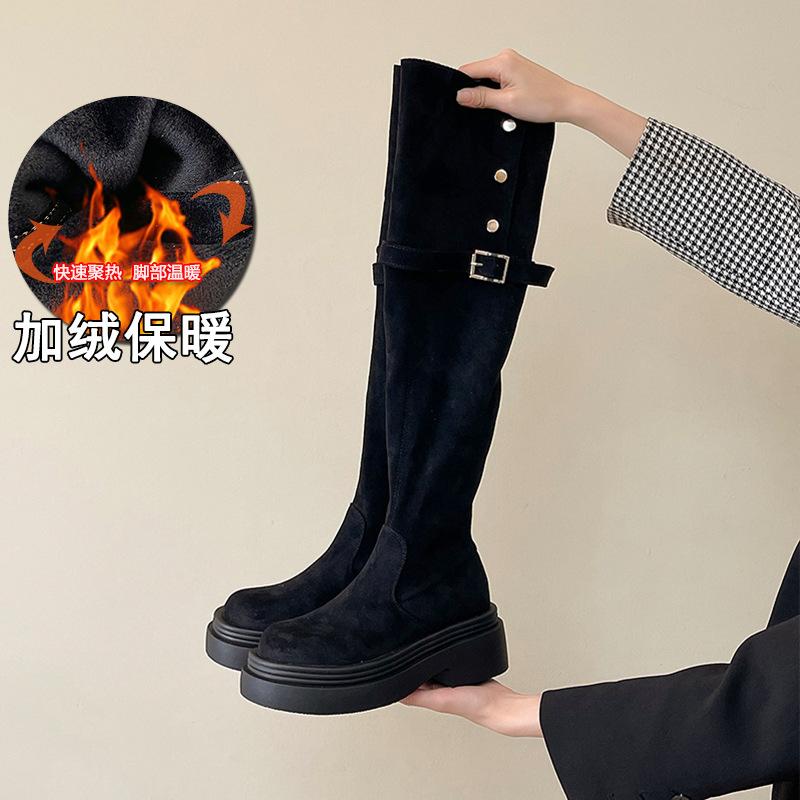 Round head thick-soled boots children's spring and summer 2025 high-heeled sleeve thick heel knee knight boots fashion versatile