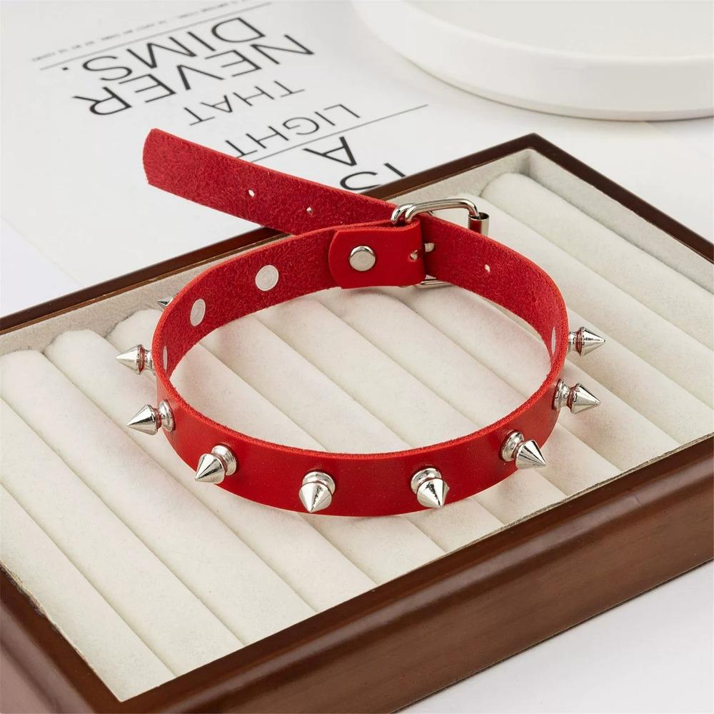 Pink Red White Black PU Leather Choker Necklace for Women Men Cool Punk Gothic Biker Collar Studded Rock Necklace Rave Jewelry