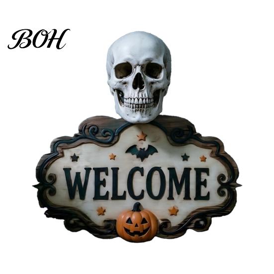 Creative Gift for Friends Halloween Wooden Welcome Sign, Spooky Skull Frog Crow Witch Door Hanger, Realistic Skeleton Sign 2D Wall Hanging Home Party