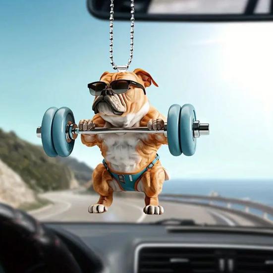 Cute Dog Weightlifting Dumbbell Pendants Acrylic Novelty Bag Charm Christmas Tree Car Mirror Decoration Unique Gift for Animal Lovers Drivers