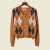 Wool Quilted Retro Color-Block V Neck Single-Breasted Cardigan