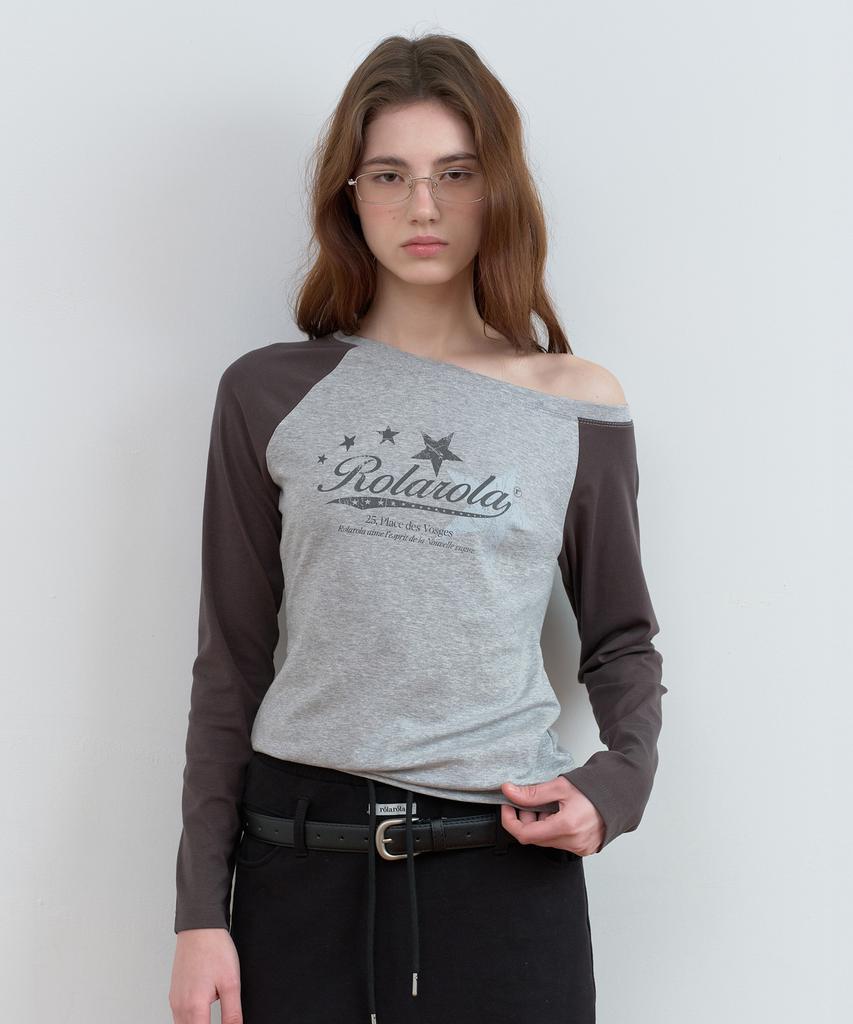 ROLAROLA Logo Graphic Off Shoulder Raglan T-Shirt Charcoal