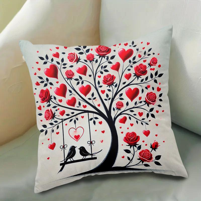 1pc Valentine's Day Heart Tree Decorative Cushion Cover - Red & Black Romantic Heart & Rose Pattern with Golden Swans