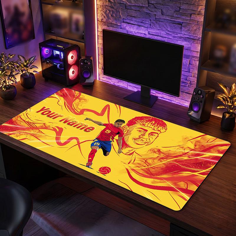 Tappetino per Mouse Grande Personalizzato Lamine Yamal, Stampa Testo Nome Personalizzato, Tappetino da Scrivania Antiscivolo con Logo Calcio, Regalo per Gamer