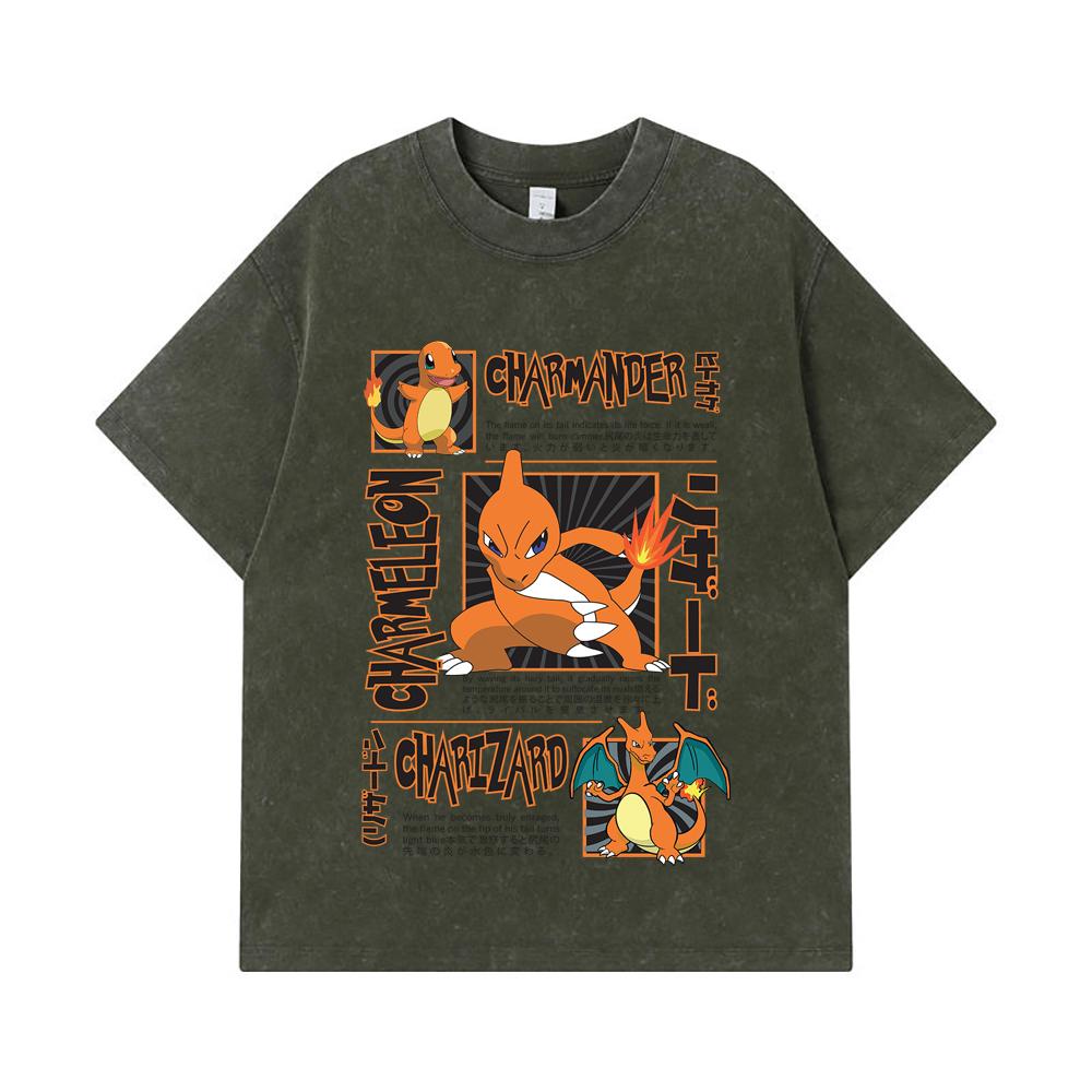 275 GSM Washed T-shirts 100% Cotton Pokemon V5 Charmander Print Unisex Heavy Cotton T Shirt S