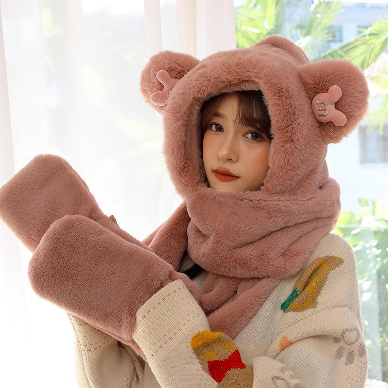 Women's Cozy Fox Ear Plush Hat with Integrated Scarf - Warm, Soft Lei Feng Design for Autumn and Winter. Perfect Ear Protection for Students.