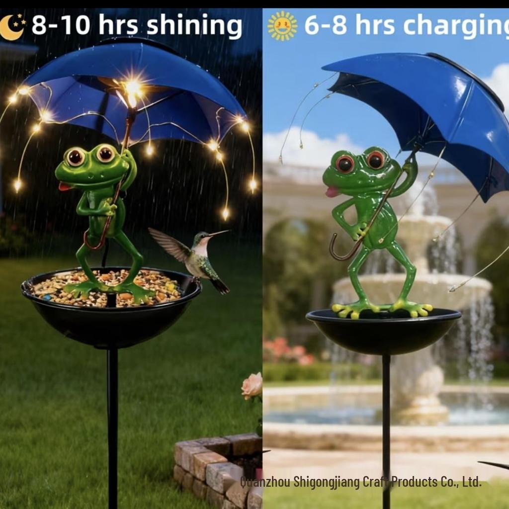 Wrought Iron Frog Bird Feeder with Solar Lamp & Umbrella Stand