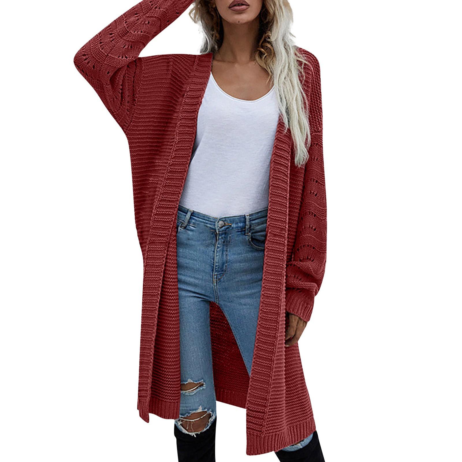 

Женский однотонный длинный повседневный кардиган, вязаный со свободным свитером-пальто One Size винный