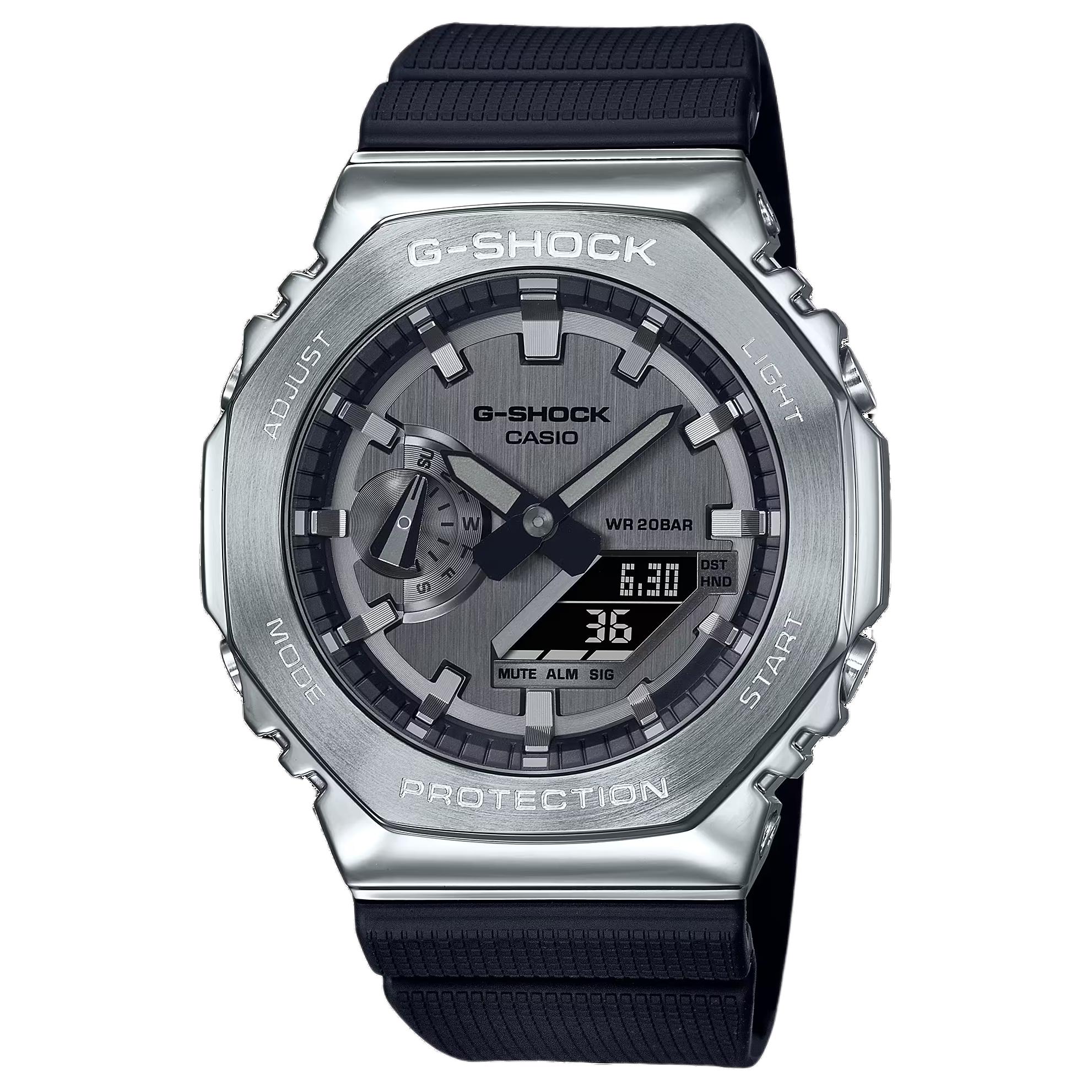 Casio G-Steel Series Octagonal 200M Waterproof Quartz Movement Resin Strap Watch Men watches Silver GM-2100-1A Regular Watch Box