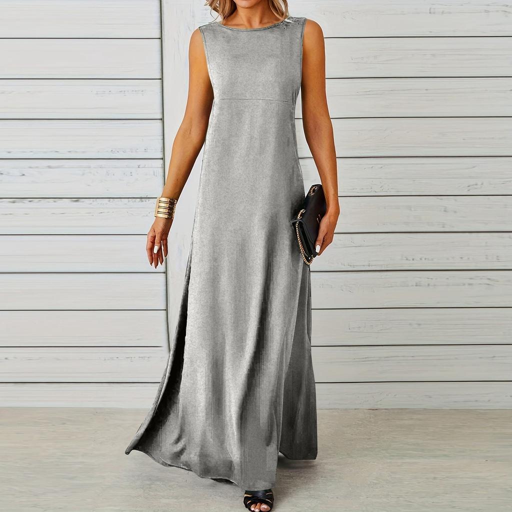 Ladies Fashion Solid Color Sleeveless Dress Long Dress