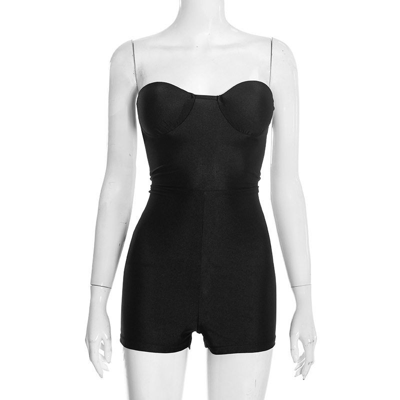 D25Rp583 Amazon Трансграничный Европейский и Американский Стиль Новый Однотонный Облегающий Сексуальный Без Бретелек С Открытой Спинкой Плотно Прилегающий Комбинезон Шорты Black S