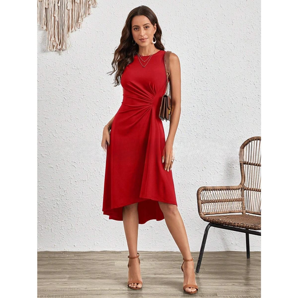 Women s Crew Neck Sleeveless Midi Dress High Waist Ruched Irregular Ruffle Hem Solid Color Bodycon Dress S красный
