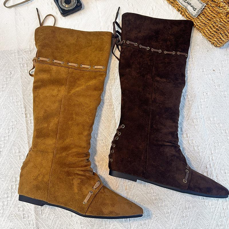 New retro knight boots women's autumn and winter new boots long boots women's two wear pointed pleated pile women's boots