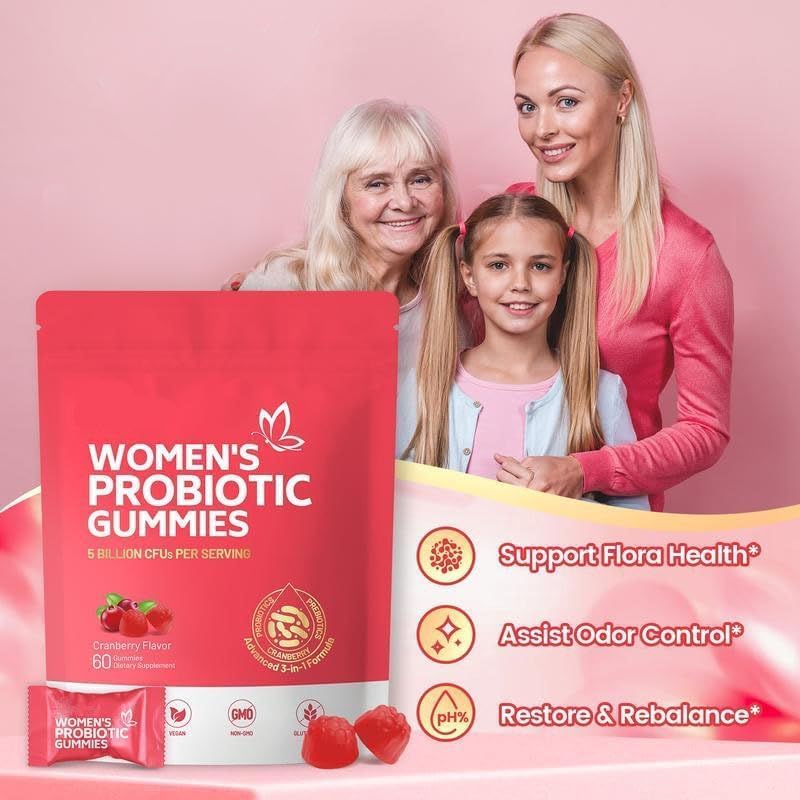 60 Probiotických bonbónů pro ženy, Probiotika pro ženy, příchuť brusinka, 5 miliard CFU pro intimní a trávicí zdraví