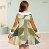 Girls High Neck Long Sleeve Geometric Printed Green Khaki Bow Decor Furry Trim A Line Flared Dress