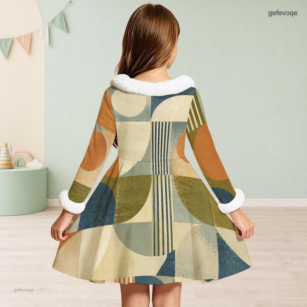 Girls High Neck Long Sleeve Geometric Printed Green Khaki Bow Decor Furry Trim A Line Flared Dress