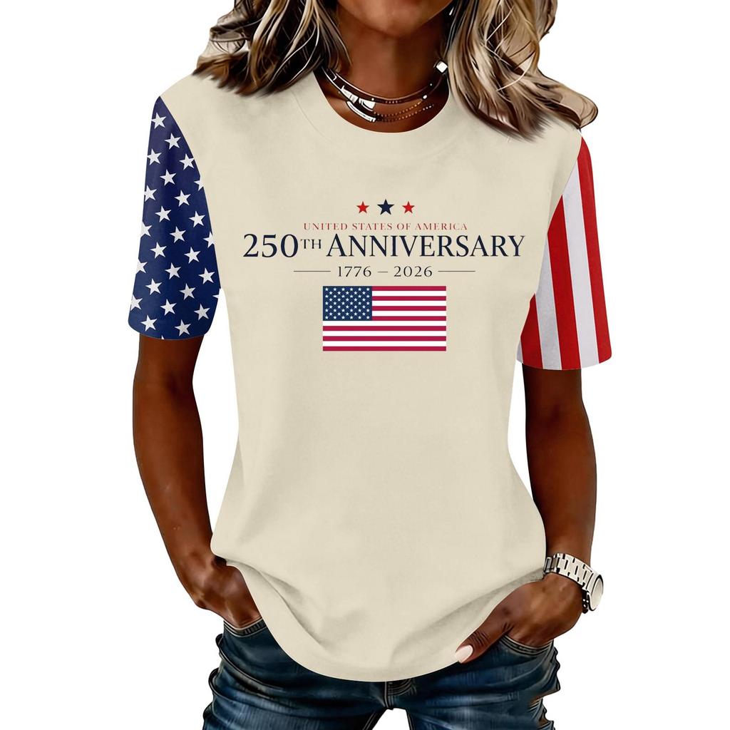 Blusa Feminina da Moda Casual de Manga Curta com Estampa e Gola Redonda