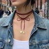 Vintage Red Velvet Bowknot Choker Necklace for Women Elegant Weave Knotted Bowknot Long Rope Layered Chain Y2K Sexy Jewelry Gift