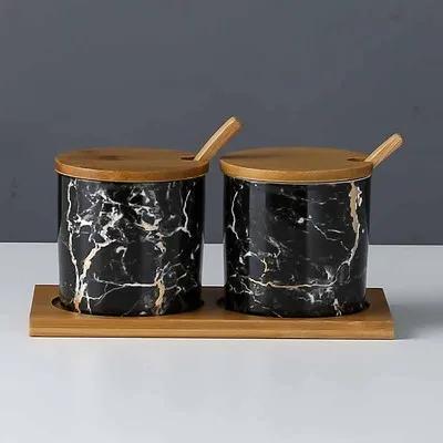 Kitchen seasoning tools ceramic seasoning jar set marble pattern cruet bamboo tray kitchen supplies seasoning box salt shaker