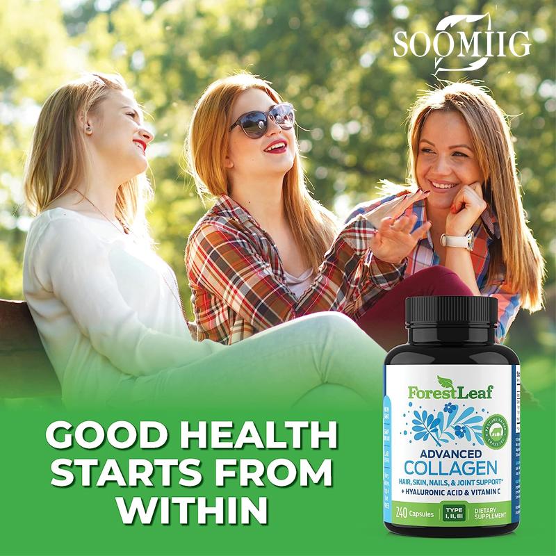 Advanced Collagen Type I II III with Hyaluronic Acid & Vitamin C, 120 Dietary Supplement Capsules