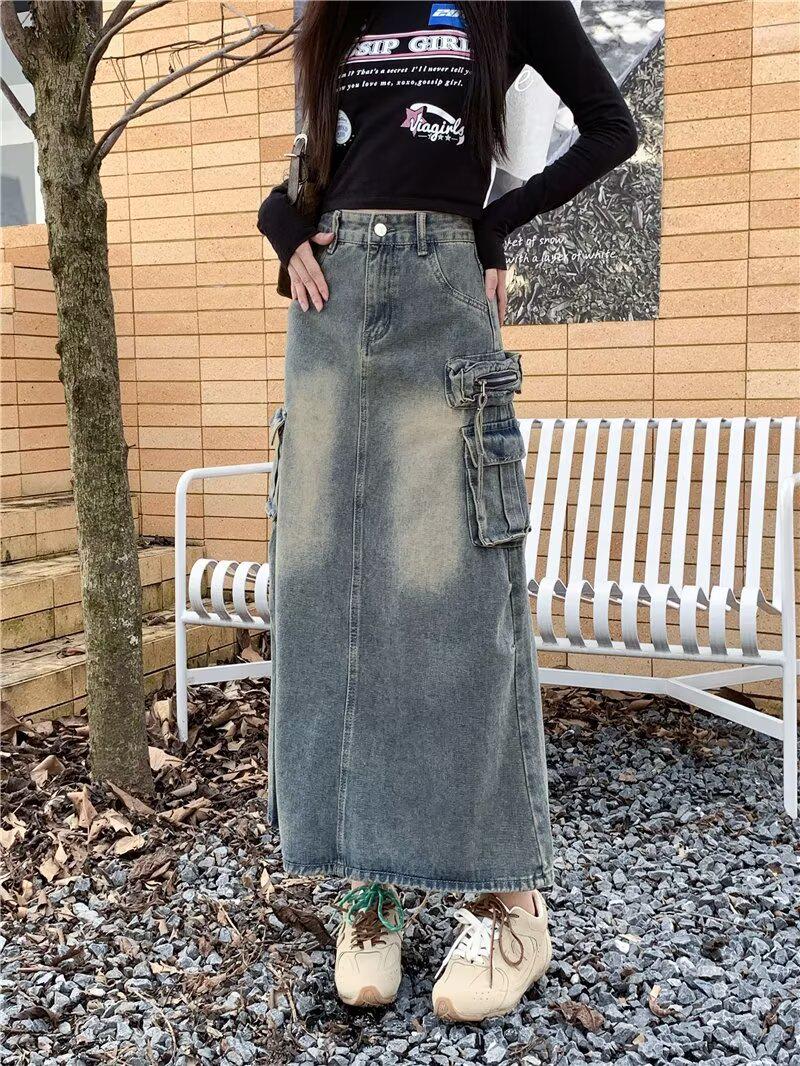 

Ретро 2025 Женская Джинсовая Миди Юбка с Завышенной Талией и Эффектом Потертости - Корейский Облегающий Стиль 2XL