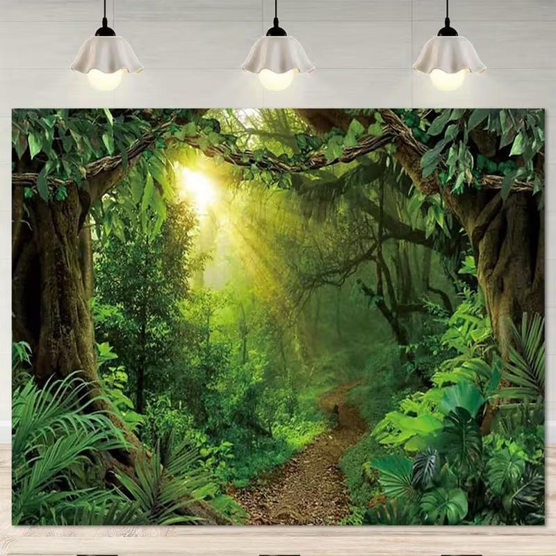 2D Golden Sun Ray Rainforest Trail Green Foliage Backdrop Baby Shower Photo Booth Background