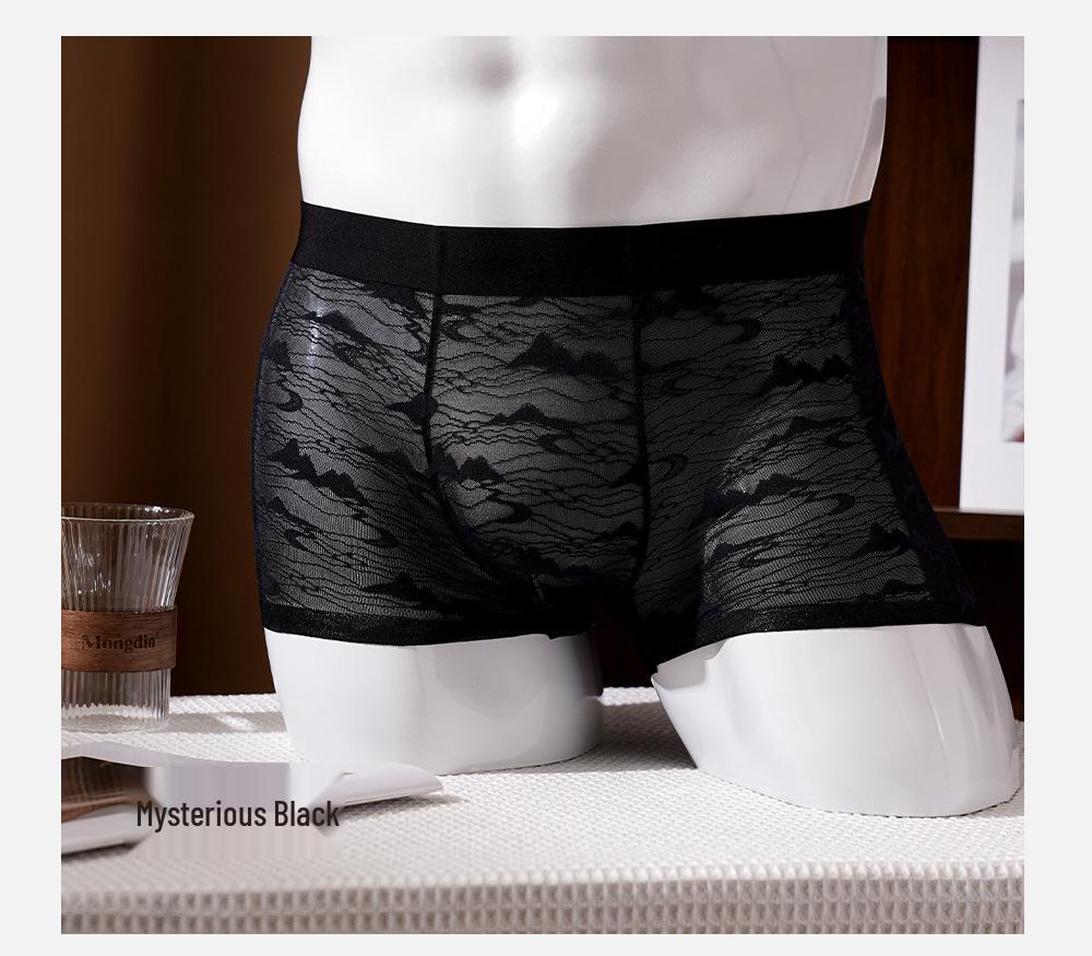 Men's 10A Antibacterial Camellia Silk Boxer Briefs - New Chinese Jacquard Lace Style